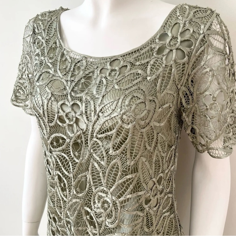 SILKEN POETRY mother of bride olive green silk/lace/crochet blouse